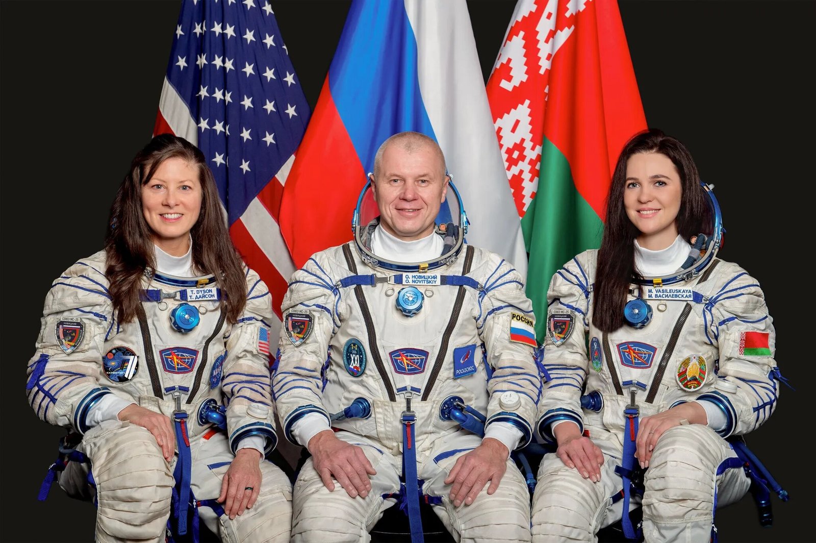 NASA astronaut Tracy C. Dyson, Roscosmos cosmonaut Oleg Novitskiy, and Belarusian spaceflight participant Marina Vasilevskaya gathered for a group photo at the Gagarin Cosmonaut Training Center on November 2, 2023.